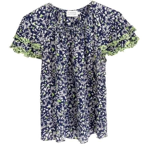 Tanya Taylor Silk Blue Floral Tiered Short Sleeve Pullover Top Small - Picture 3 of 16